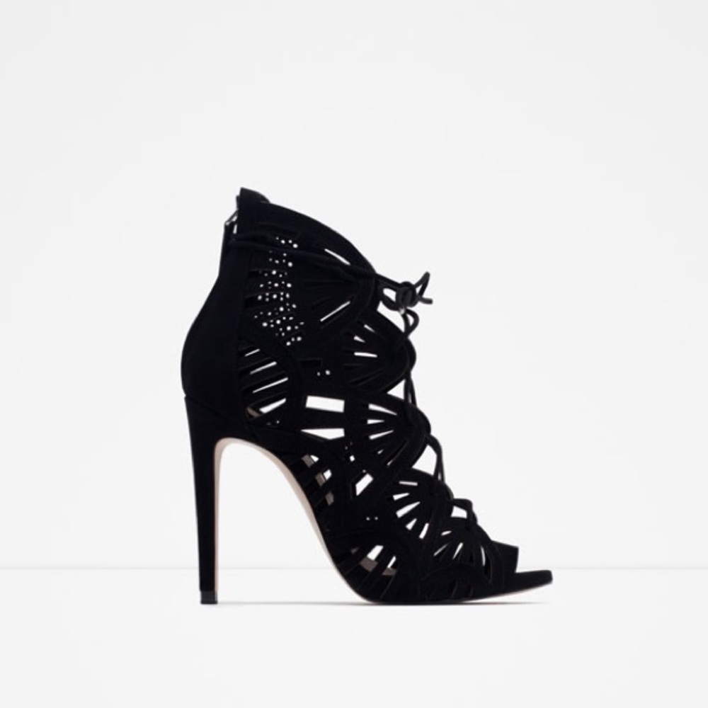 Zara Black Box Leather Lace Up Heels